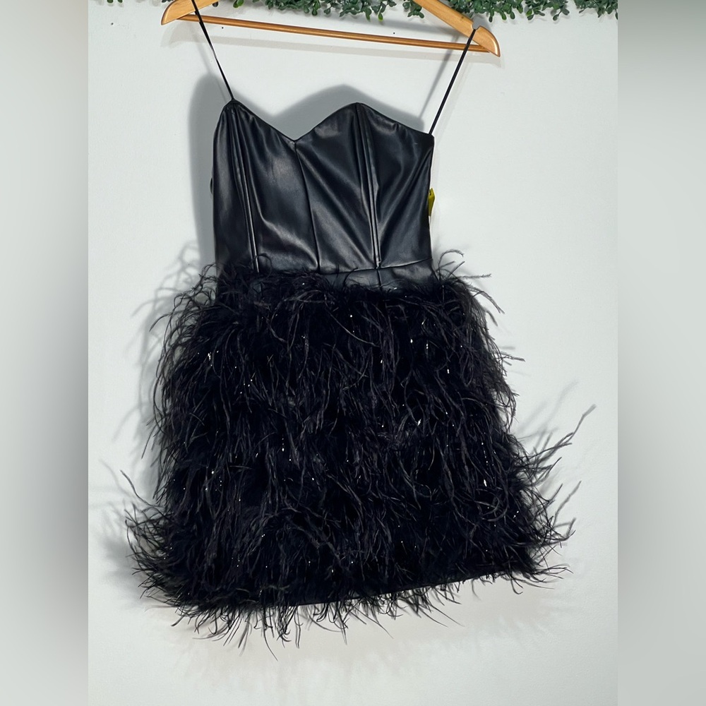 Akira Strapless Leather Like Feather Skirt Black Mini Dress NWT Size Small